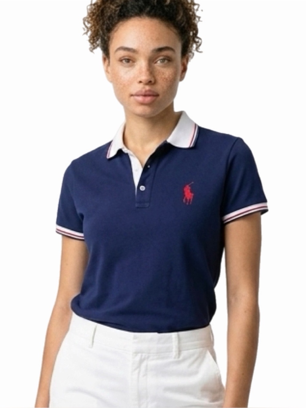 POLO Ralph Lauren navy blue Polo shirt w/large red Polo logo & white trim Medium